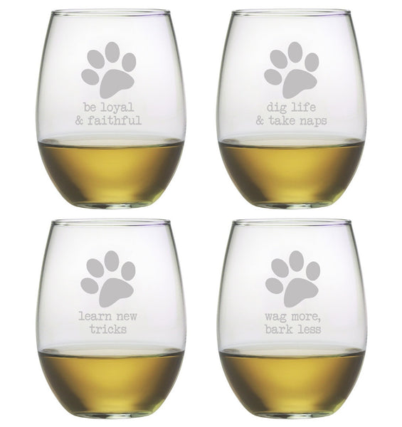 Dog Wisdom Stemless Wine Glasses Set of 4